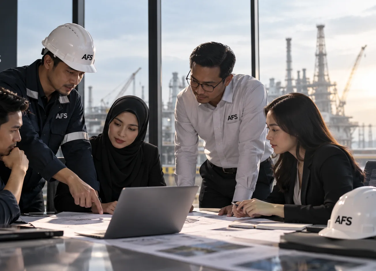 Team reviewing plans on site